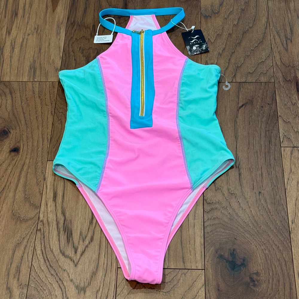 Bikinx Women Pink Teal Colorblock‎ High Neck Zip Front One Piece Swimsuit Size M